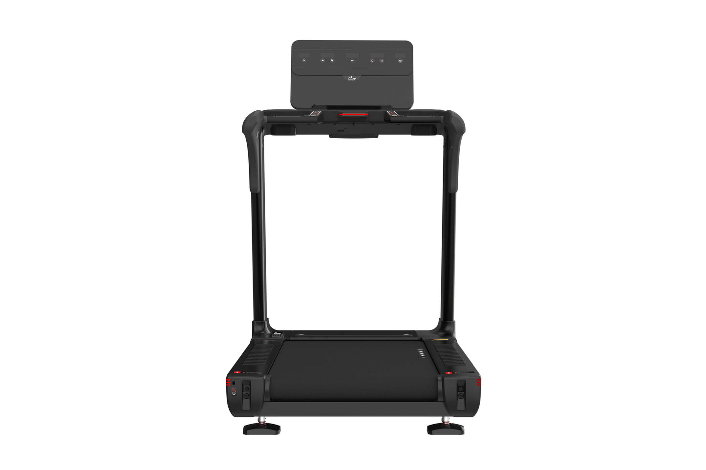 Black treadmill with digital display console, wide running belt, and sturdy frame on white background