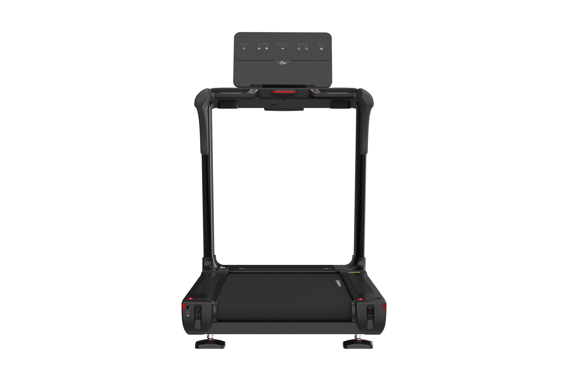 Black treadmill with digital display console, wide running belt, and sturdy frame on white background