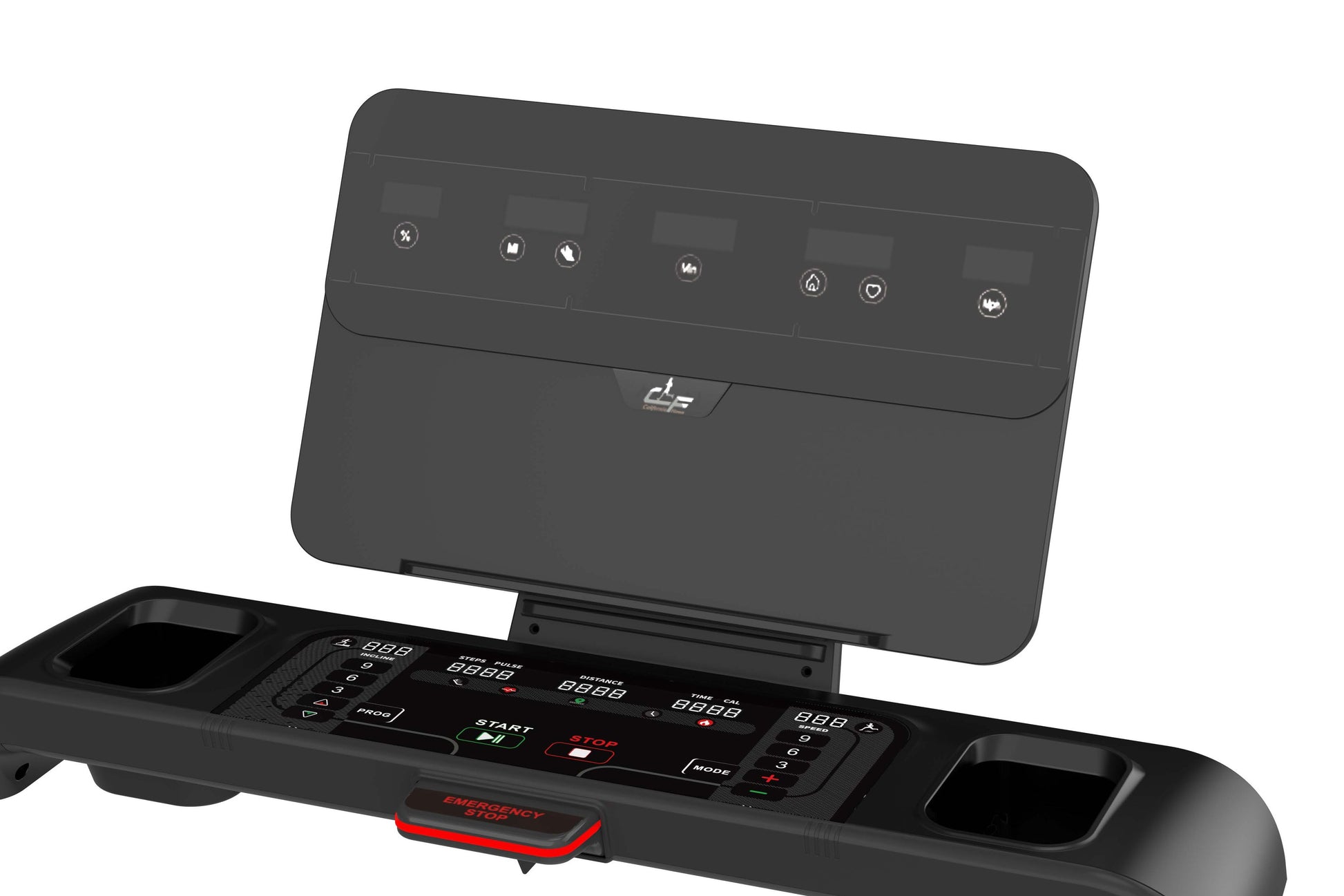 Black treadmill console with digital display screen, control buttons, and emergency stop button on base