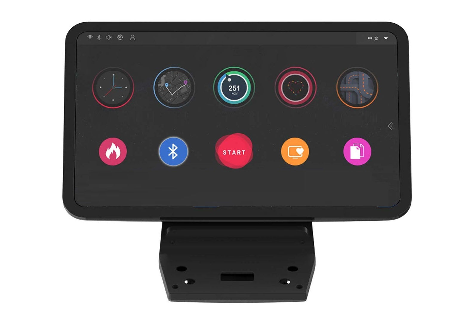 Black fitness equipment touch console displaying colorful watch faces and app icons including time, step counter, and workout