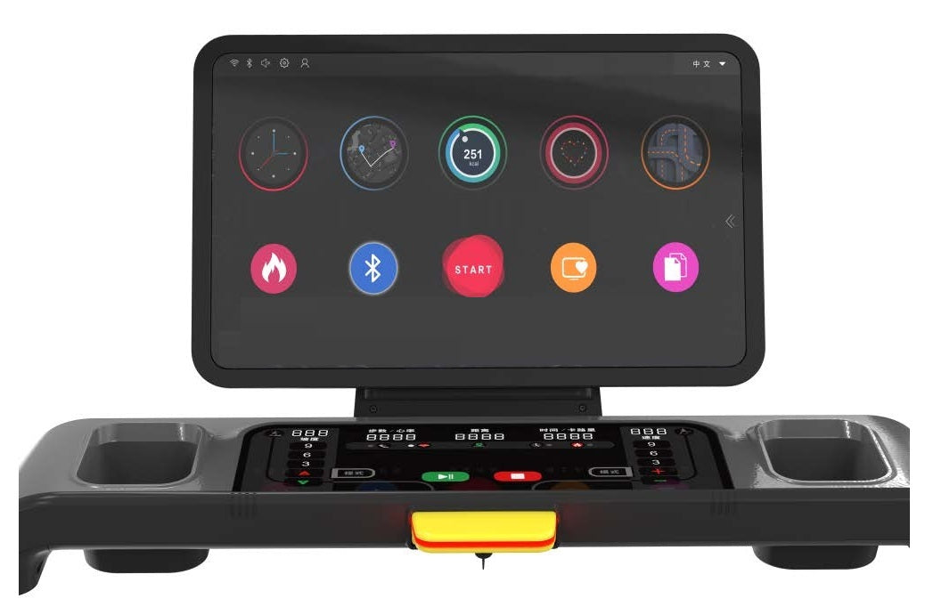 California Fitness Malibu 9T treadmill with black base, dual footpads, digital control panel, and touchscreen console display