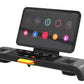 Black treadmill with digital touch console displaying fitness tracking apps and colorful control buttons including start, blu