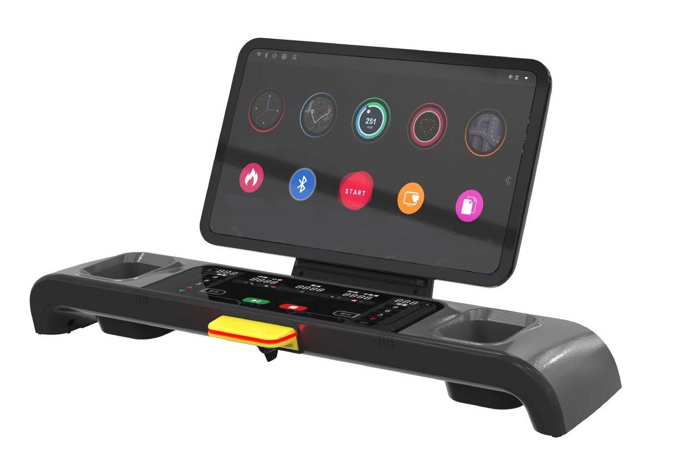 Black treadmill with digital touch console displaying fitness tracking apps and colorful control buttons including start, blu