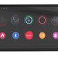 Black fitness treadmill console with colorful circular app icons including clock, fitness tracking, calorie counter, and star