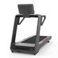 Gray and black motorized treadmill with digital touch console display, handrails, and black textured running deck on white ba