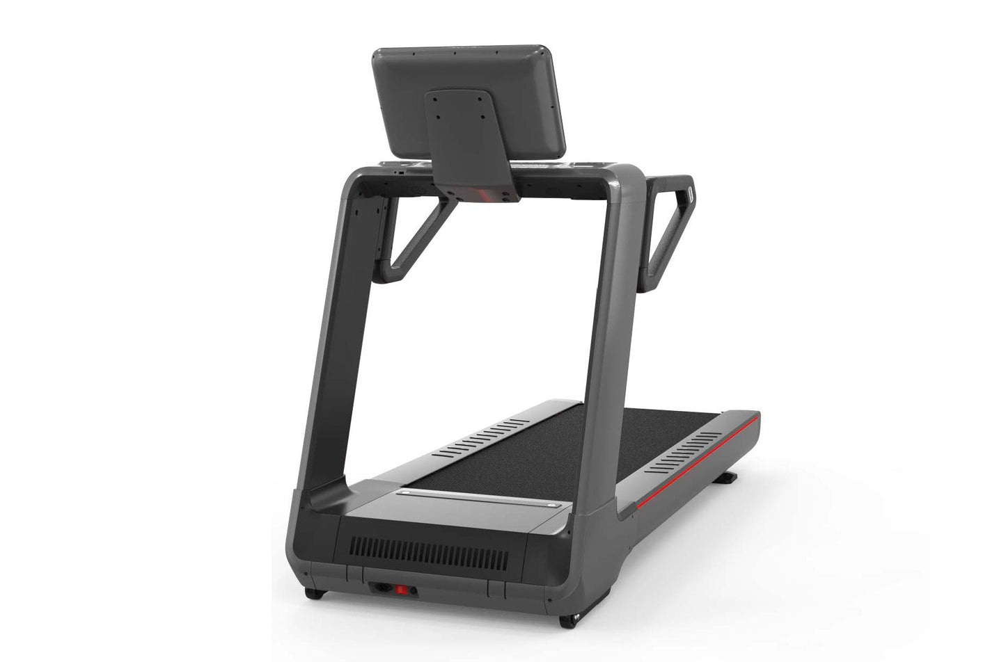 Gray and black motorized treadmill with digital touch console display, handrails, and black textured running deck on white ba