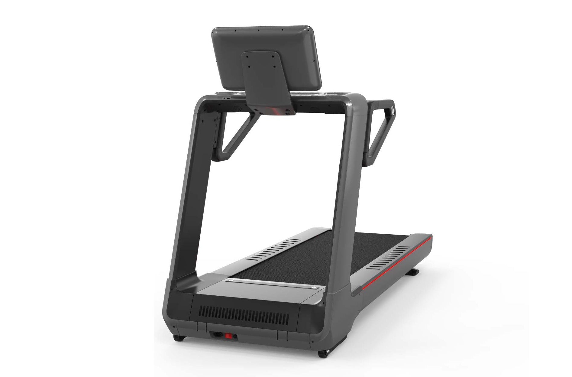 Gray and black motorized treadmill with digital touch console display, handrails, and black textured running deck on white ba
