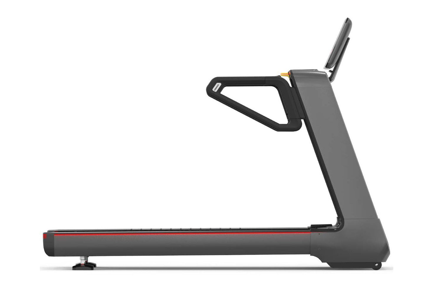 Gray and black treadmill with digital touch console, red accent stripe, and extended handrails on white background