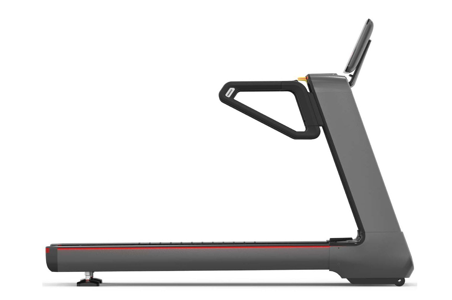Gray and black treadmill with digital touch console, red accent stripe, and extended handrails on white background