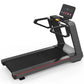 Black commercial treadmill with digital touch console displaying colorful workout metrics and controls, red accent stripe, bl