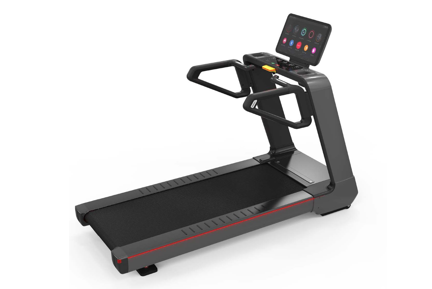 Black commercial treadmill with digital touch console displaying colorful workout metrics and controls, red accent stripe, bl
