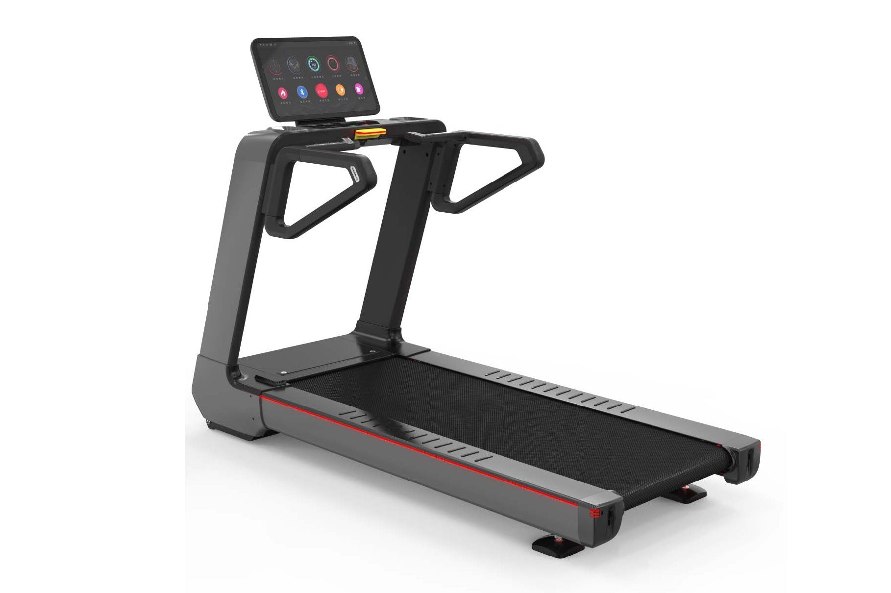 Commercial treadmill with gray and black frame, black running deck with red accent stripe, digital touch console with colorfu