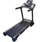 Black and orange folding treadmill with digital display console, dual handles, and cushioned running deck on white background