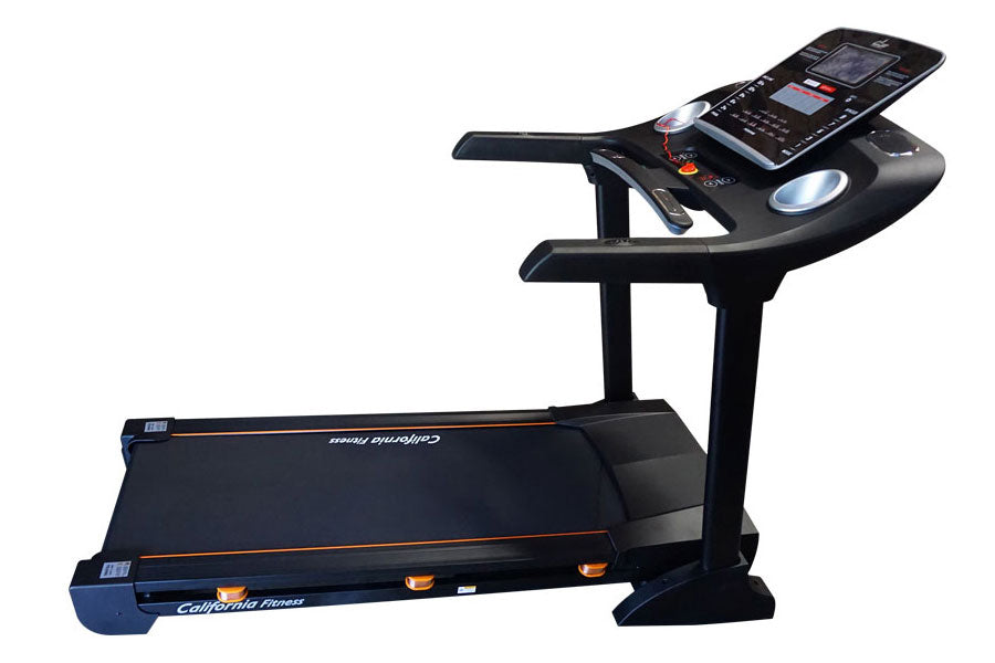 Black folding treadmill with digital console, smartphone holder, and orange accents on white background