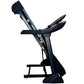 Black and gray folding treadmill with curved handles and foot pedals, shown against white background