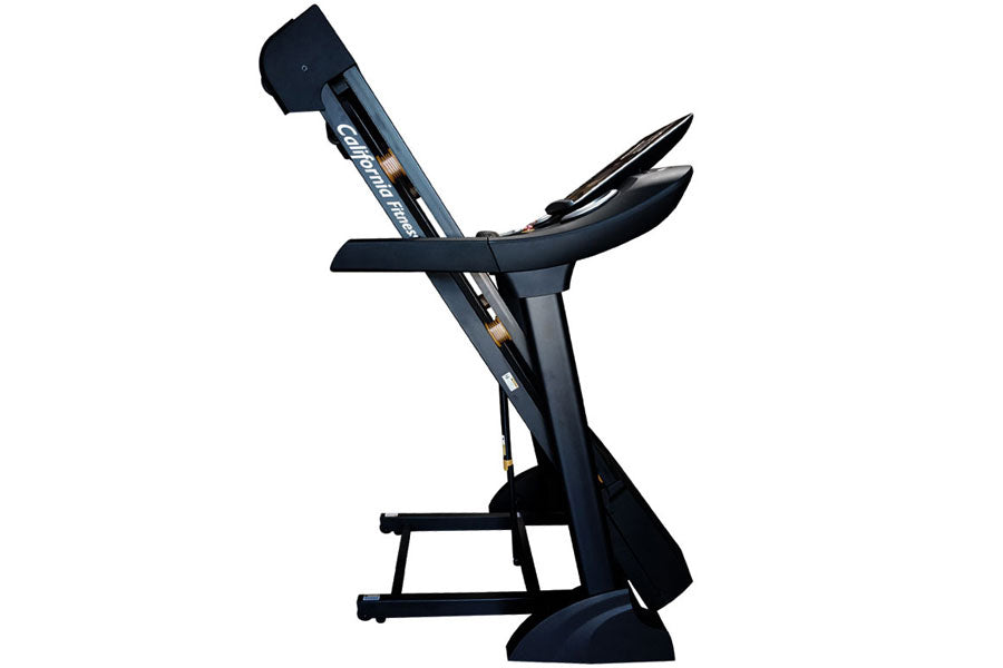 Black and gray folding treadmill with curved handles and foot pedals, shown against white background