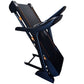 California Fitness Malibu 220 folding treadmill with dark blue frame, black running deck, and orange accents, upright positio