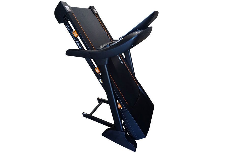 California Fitness Malibu 220 folding treadmill with dark blue frame, black running deck, and orange accents, upright positio