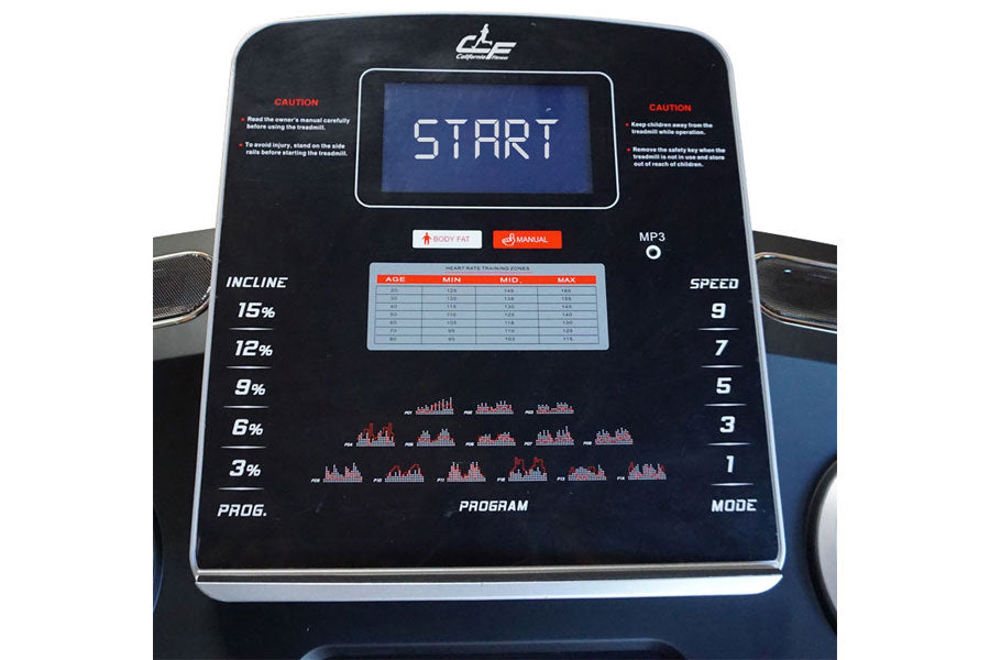 Black treadmill console with blue digital display showing START, incline settings 3-15%, speed settings 1-9, program options,