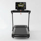 Black folding treadmill with digital display console showing yellow bar graph metrics on white background