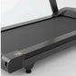 Black folding treadmill with gray running deck and digital control panel on white background