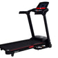 Black folding treadmill with red accents, digital display console, and dual handles, on white background