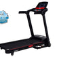 Black folding treadmill with red accents, digital display console, and wheels, shown against white background