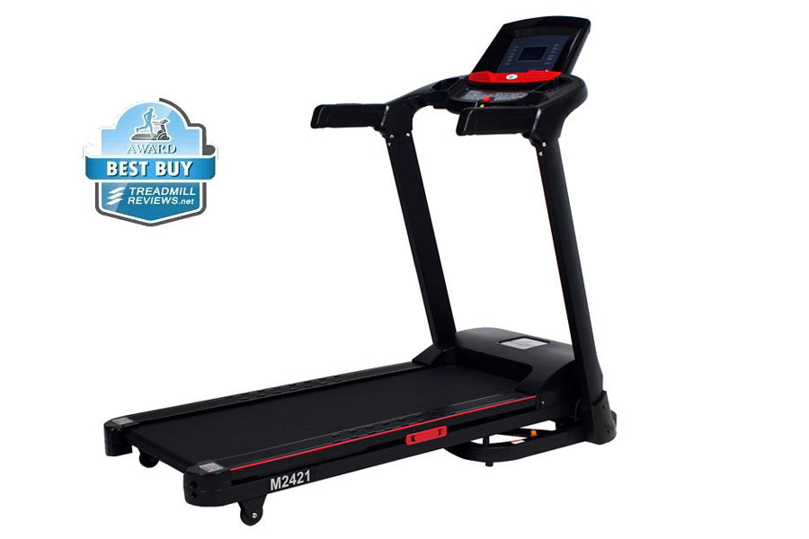 Black folding treadmill with red accents, digital display console, and wheels, shown against white background