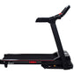 Black folding treadmill with red accents, digital display, and adjustable incline handlebar on white background
