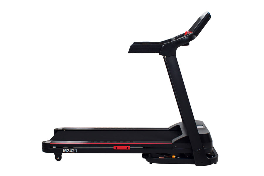 Black folding treadmill with red accents, digital display, and adjustable incline handlebar on white background