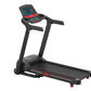 Black folding treadmill with red accents, digital display console, dual handles, and black running deck on white background
