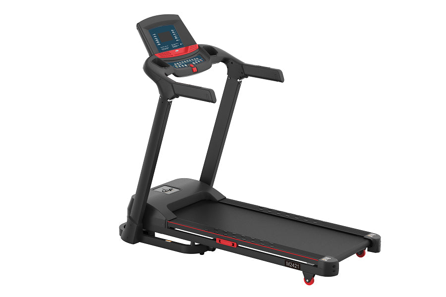 Black folding treadmill with red accents, digital display console, dual handles, and black running deck on white background