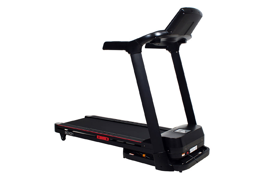 Black folding treadmill with digital display console, handrails, and red accent stripe on running deck, on white background