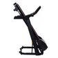 Black folding treadmill with digital display console, dual handles, and wide base on white background