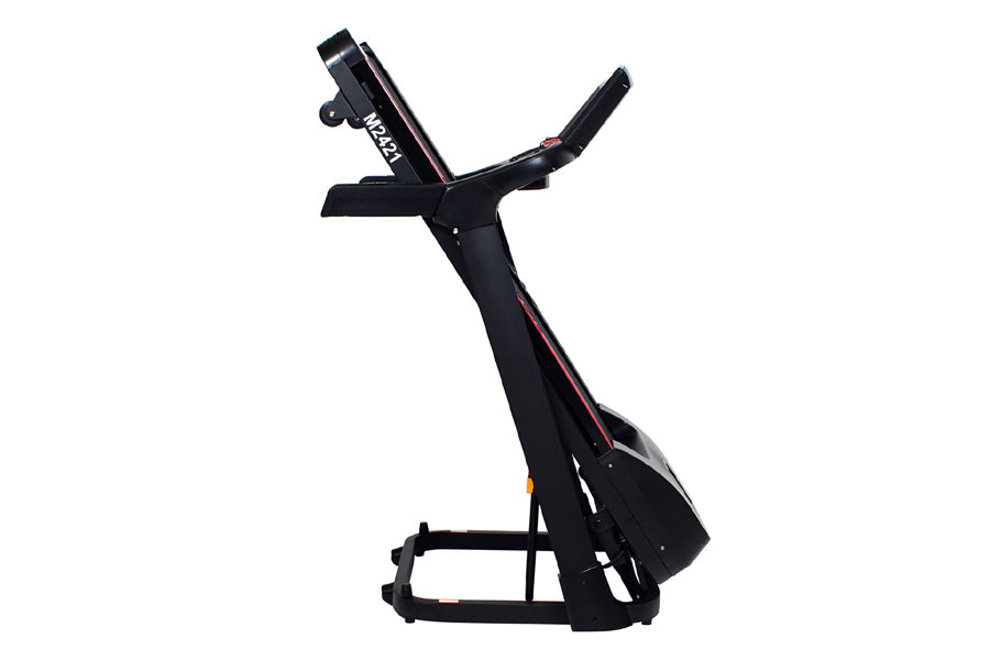 Black folding treadmill with digital display console, dual handles, and wide base on white background