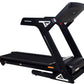 Black heavy-duty folding treadmill with digital touchscreen console, orange accents, and wide running deck on white backgroun