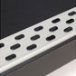 Silver running treadmill with black foot pedals and dark textured running surface, displayed at angle on white background