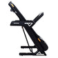 Black folding treadmill with adjustable incline, touchscreen console, and orange accent details on white background