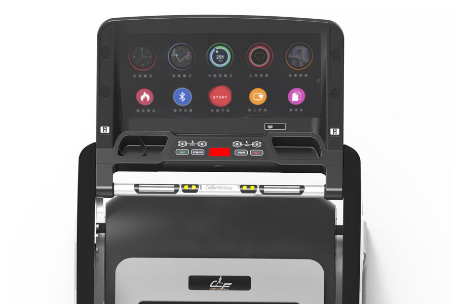 California Fitness Malibu 6T folding treadmill with black frame, touchscreen console displaying workout apps, and white base 