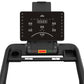 Black treadmill with tablet display showing fitness metrics, numbered side buttons, and control panel with colored buttons on