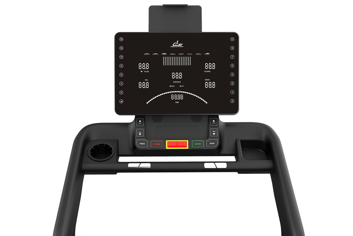 Black treadmill with tablet display showing fitness metrics, numbered side buttons, and control panel with colored buttons on