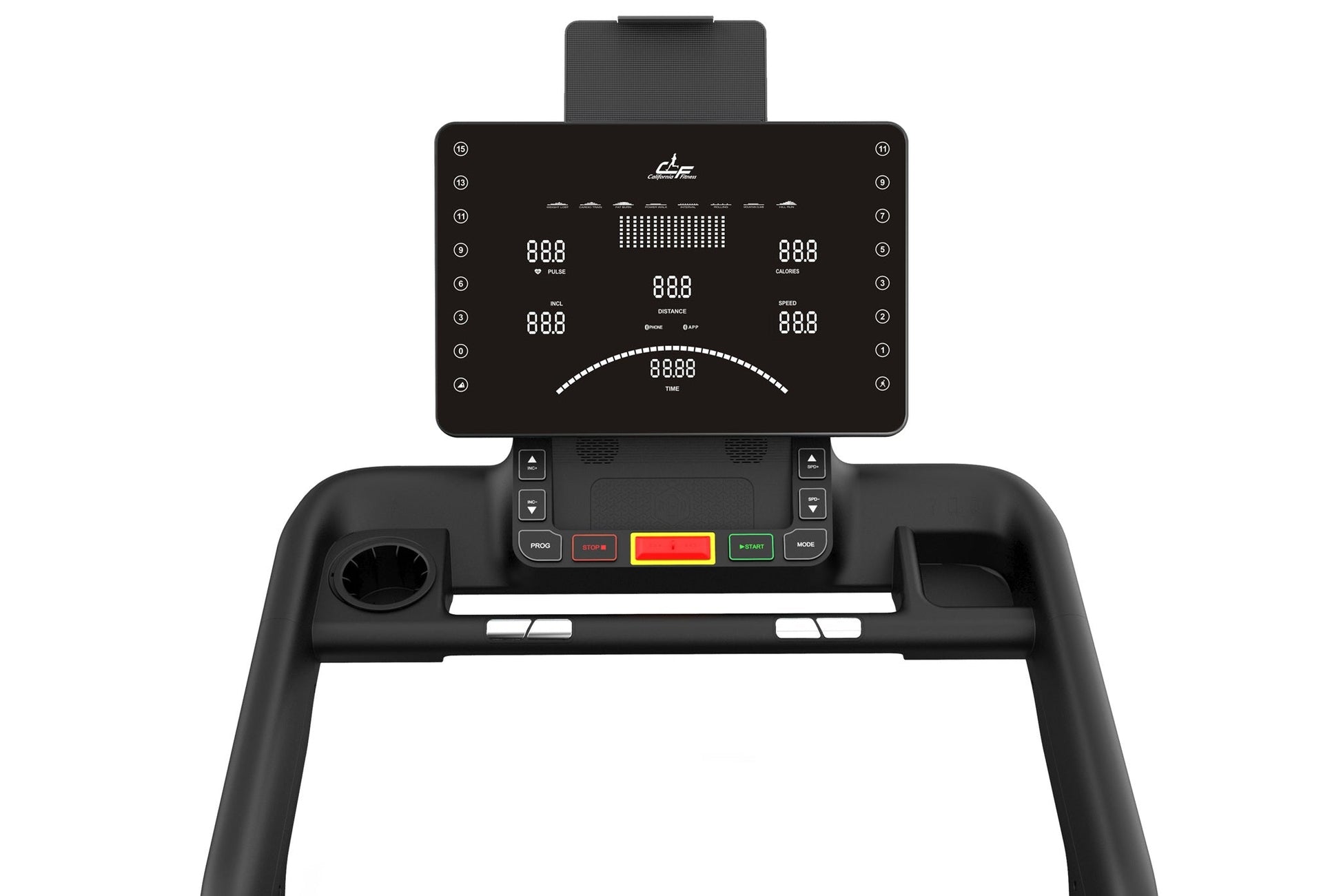 Black treadmill with tablet display showing fitness metrics, numbered side buttons, and control panel with colored buttons on