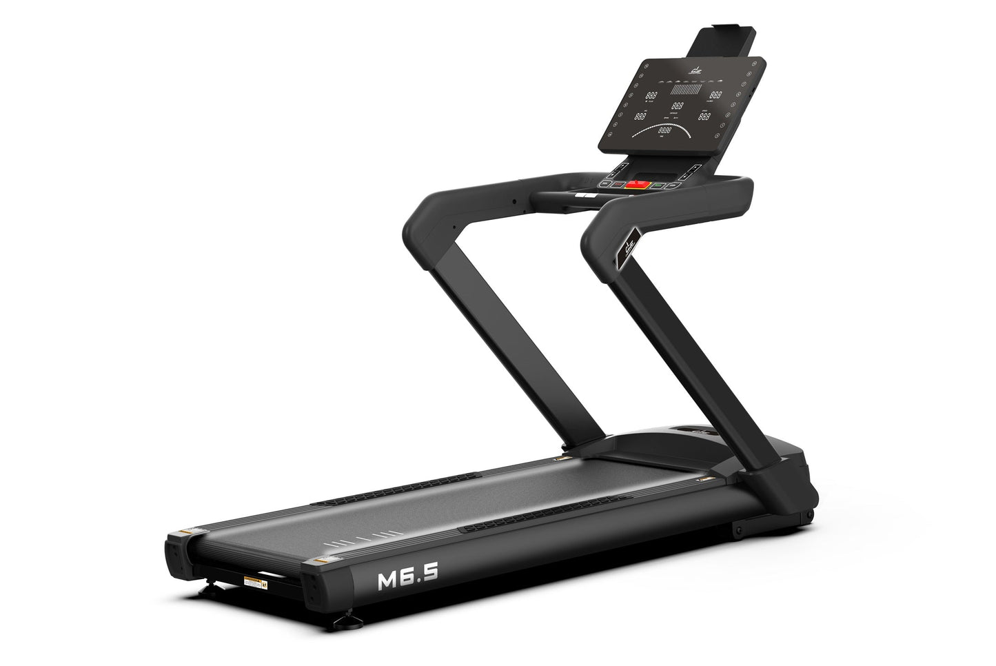 Black heavy-duty treadmill with digital console display, curved handrails, and M6.5 label on running deck, on white backgroun