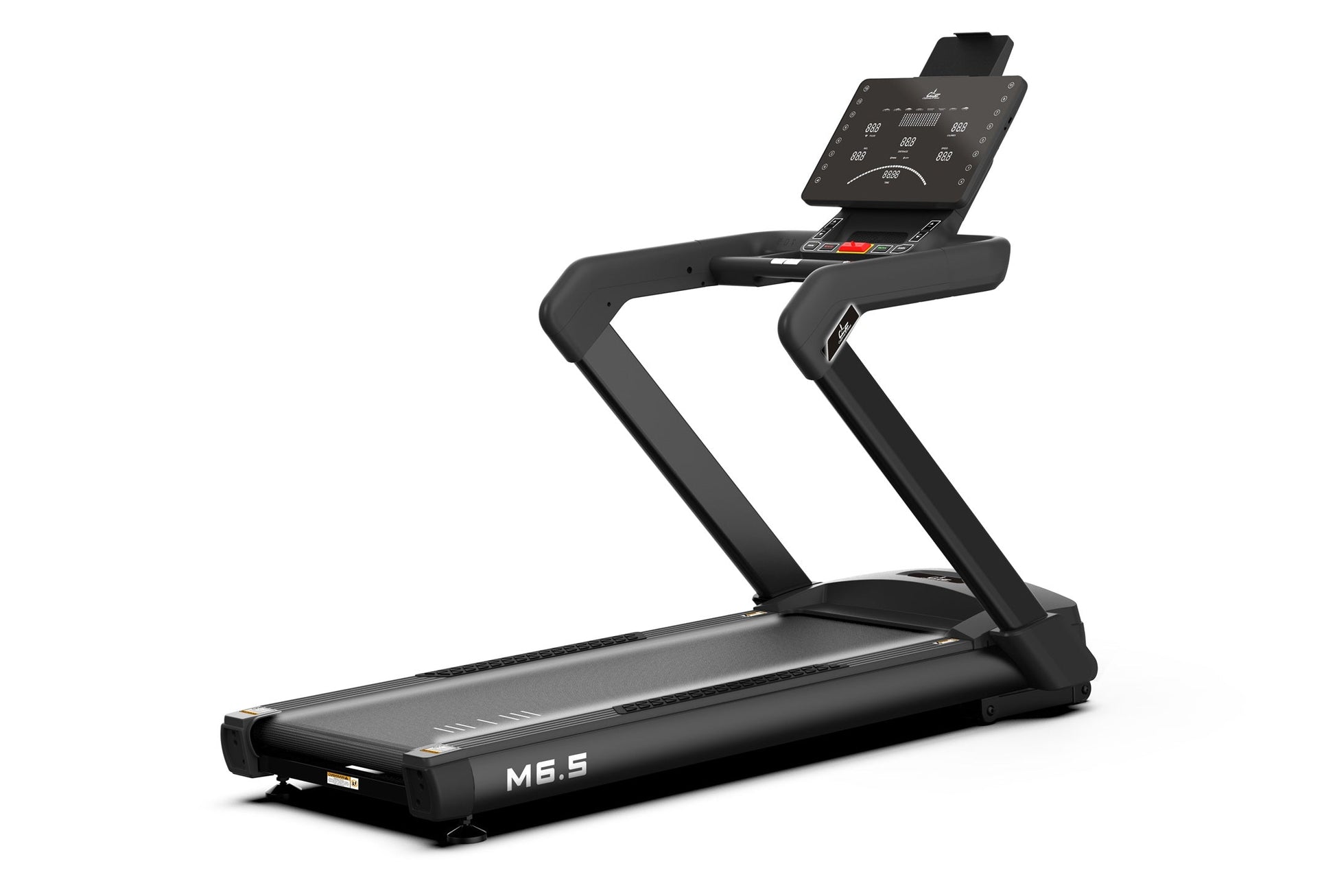 Black heavy-duty treadmill with digital console display, curved handrails, and M6.5 label on running deck, on white backgroun