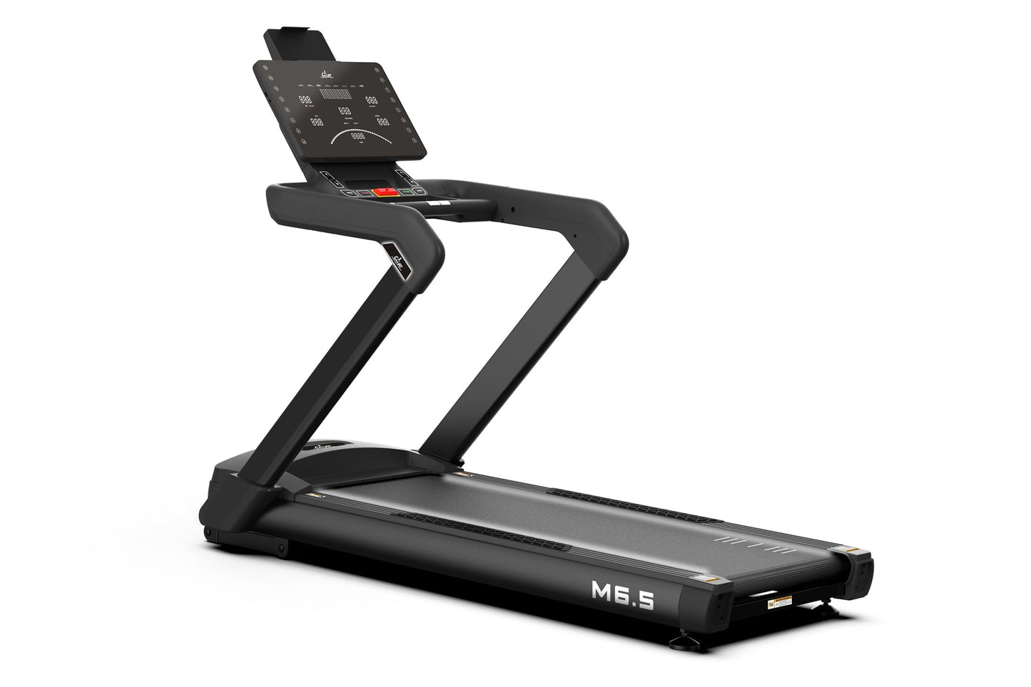Black M5.5 heavy-duty treadmill with digital display console, angled handrails, and wide running deck on white background