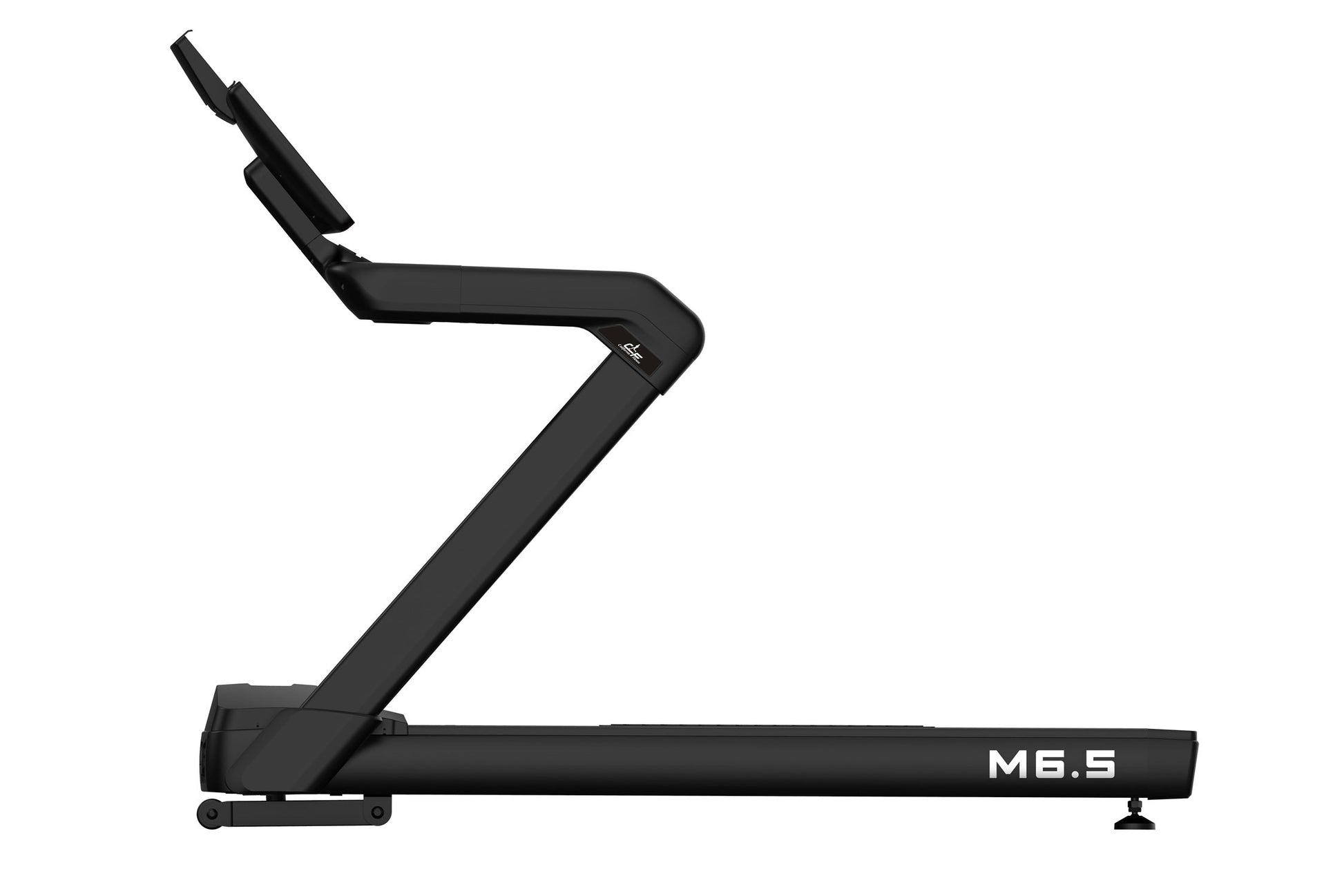 Black MB.5 heavy-duty treadmill with angled running deck and digital display on white background