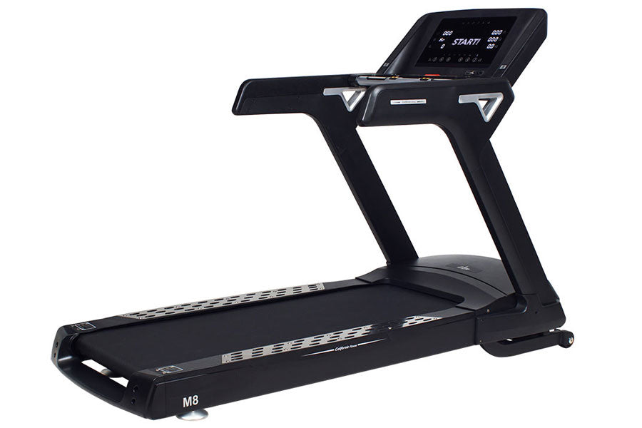 Black motorized treadmill with digital display console, cushioned running deck, and sturdy frame on white background