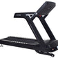 Black motorized treadmill with digital console, angled handrails, and cushioned running deck on white background