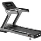 Gray and black motorized treadmill with digital display console, handrails, and black running belt on white background