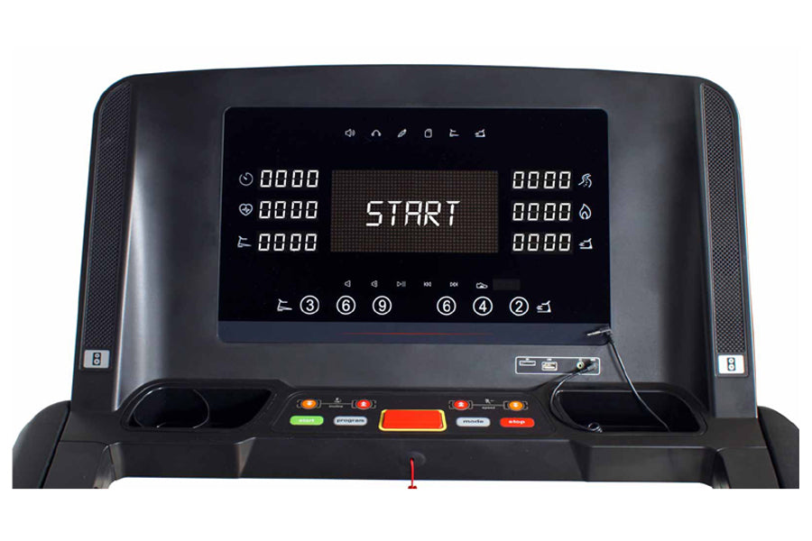 Treadmill console display with black frame showing START button, digital readouts, and control buttons on dark background